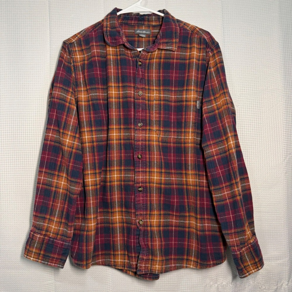 Eddie Bauer Flannel Shirt Large‎ Multicolor Plaid Button Front Cotton
